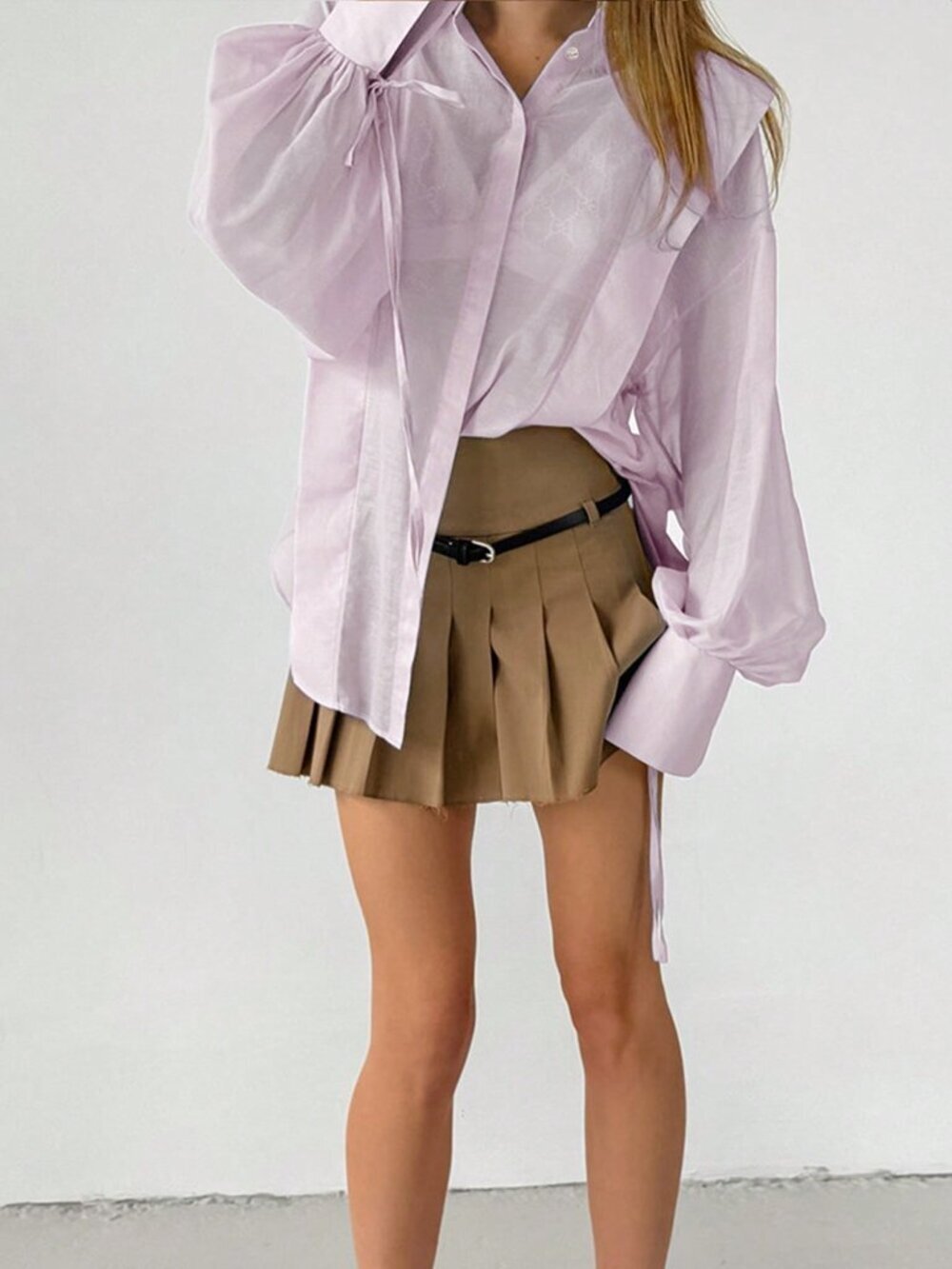Pink Casual Women's Lapel Long Sleeve Tie Front Woven Shirt Blouse - Picture 7 of 7